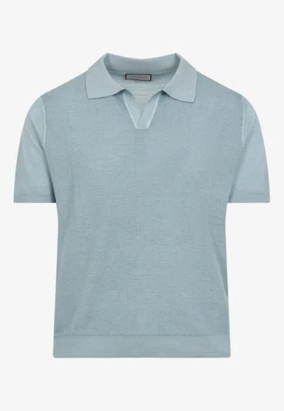 Canali Nuvola Brianza Green Garment-dyed Wool And Silk Polo Shirt In Blue