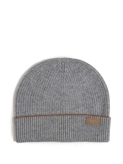 Canali Ribbed-knit Logo-patch Beanie Hat In Gray