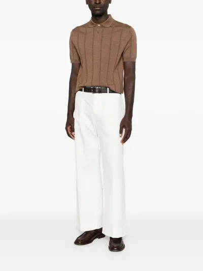 Canali Ribbed-knit Wool Polo Shirt In Brown