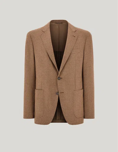 Canali Sand And Brown Wool And Silk Houndstooth Modern-fit Kei Jacket