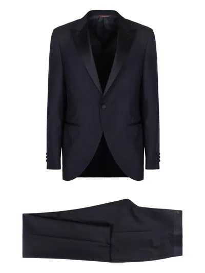 Canali Satin-lapel Wool Suit In Blue