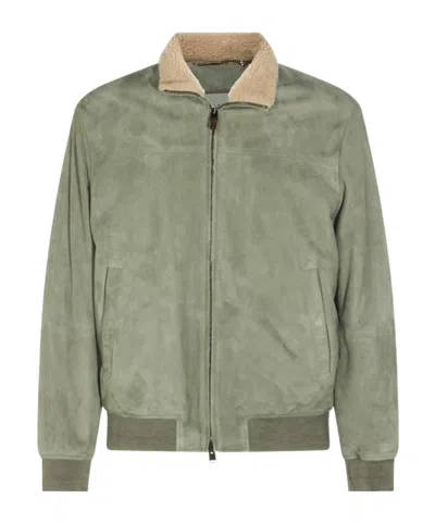 Canali Shearling Collar Zip-up Jacket In Green