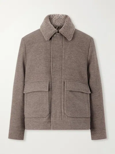 Canali Shearling-trimmed Wool And Cashmere-blend Bomber Jacket In Neutrals