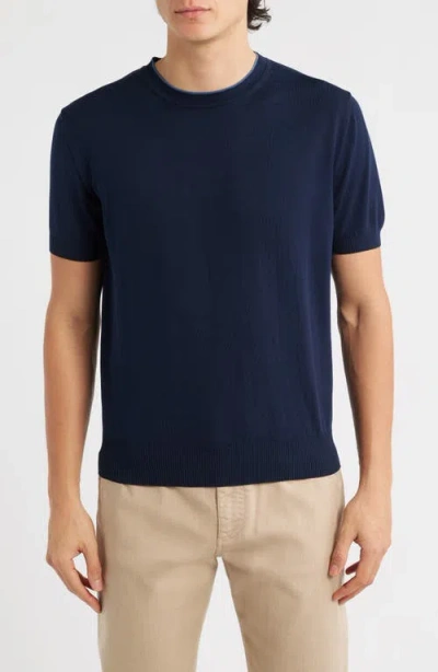 Canali Short Sleeve Cotton Crewneck Sweater In Blue
