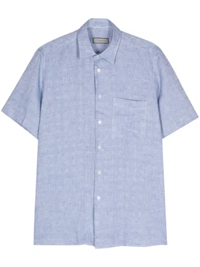 Canali Short-sleeve Linen Shirt In Blue