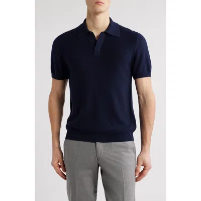 Canali Short Sleeve Ribbed Cotton & Modal Polo Sweater In Navy
