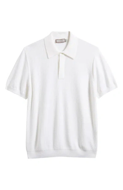 Canali Short Sleeve Textured Cotton & Modal Polo Sweater In White