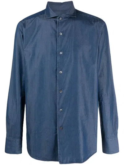 Canali Spread-collar Cotton-blend Shirt In Blue