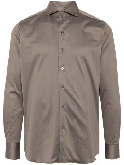 Canali Spread-collar Cotton Shirt In Brown