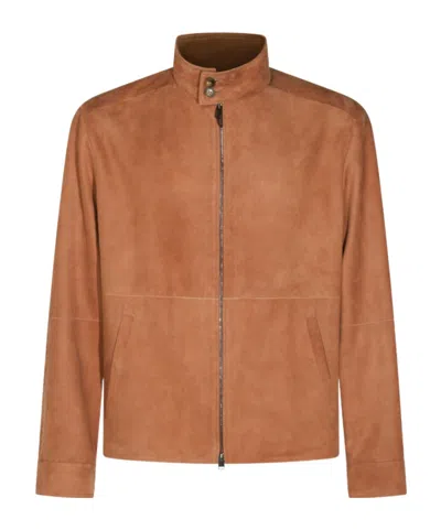 Canali Stand Collar Zip Jacket In Brown