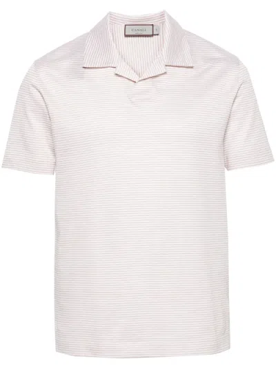 Canali Striped Linen Blend Polo Shirt In White