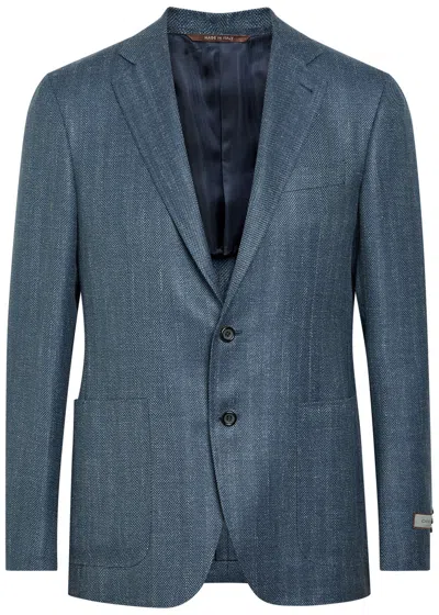Canali Striped Wool And Silk-blend Blazer In Blue