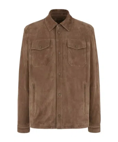 Canali Suede Overshirt In Biscuit In Brown