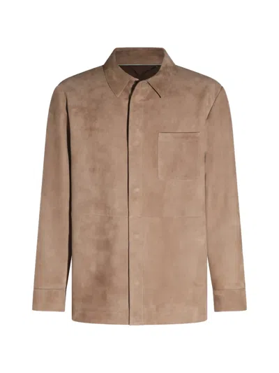 Canali Suede Chest-pocket Jacket In Neutral