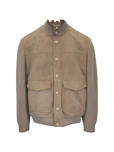 Canali Suede-panelled Bomber Jacket In Brown
