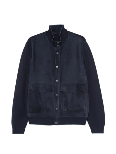 Canali Suede-panel Bomber Jacket In Blue