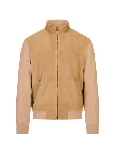 Canali Suede-panelled Ribbed-knit Jacket In Brown