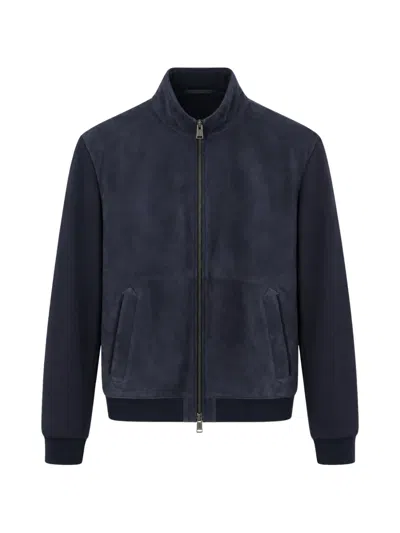 Canali Suede-panelled Zip-up Jacket In Blue