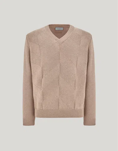 Canali Taupe Cotton And Silk V-neck Sweater With Structured Pattern In Neutral