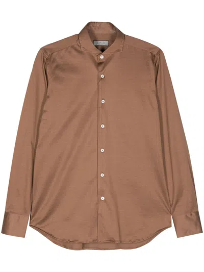 Canali Tonal-stitching Cotton Shirt In Brown