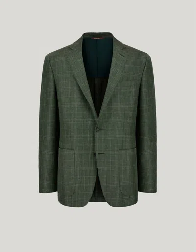 Canali Veste Kei Verte Et Beige À Grands Carreaux En Laine, Soie Et Lin In Green