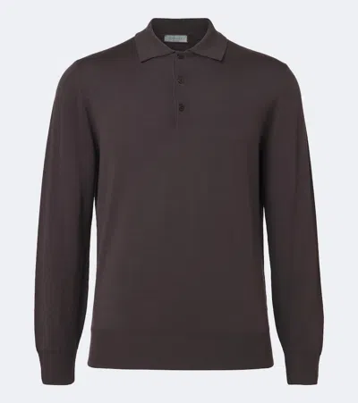 Canali Virgin Wool Polo Sweater In Brown