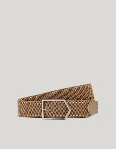 Canali Walnut Denim Elastic-weave Belt With Metal Arrow Buckle In Brown