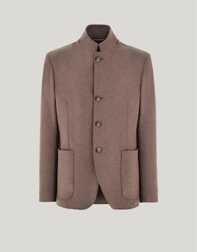 Canali Walnut Single-breasted Stretch Cashmere Jacket With Stand-up Collar In Brown