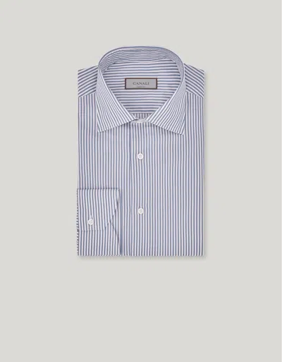 Canali White And Blue Striped Regular Fit Cotton Shirt