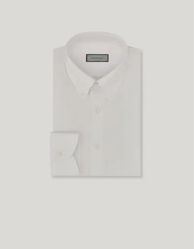 Canali White Cotton Twill Shirt With Button-down Collar In Pattern