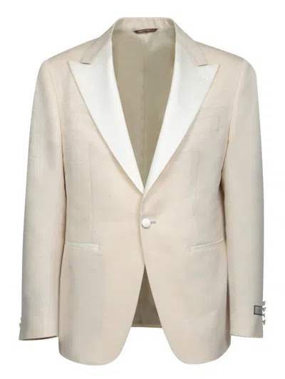 Canali Herringbone Wool-blend Blazer In Beige