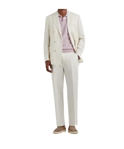 Canali White Single-pleat Chino Trousers In A Linen-silk Blend.
