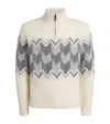 Canali Cream Zippered Mock Neck Sweater With Gray Tones In An Alpaca Blend In White