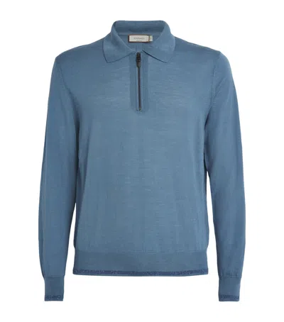 Canali Wool-blend Zip-up Polo Shirt In Blue