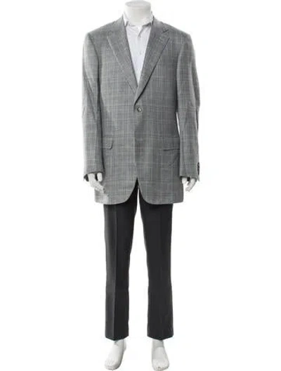Pre-owned Canali Wool Plaid Print Overcoat In Gray