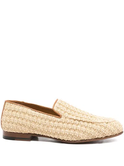 Canali Woven Raffia Leather Loafers In Neutral