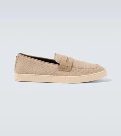Canali Woven Suede-trimmed Penny Loafers In Nude