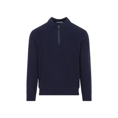 Canali Zip-collar Wool Cashmere Sweater In Blue