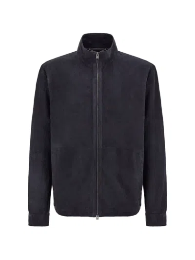Canali Zip-up Leather Jacket In Black