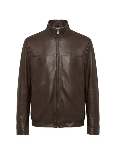 Canali Zip-up Leather Jacket In Brown