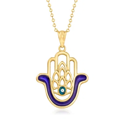 Canaria Fine Jewelry Canaria 10kt Yellow Gold Hamsa Hand Pendant Necklace With Blue Enamel