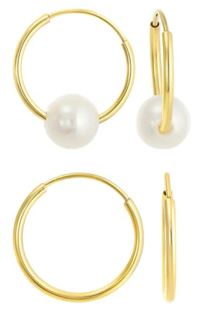 Candela Jewelry 14k Gold Freshwater Pearl Set Of 2 Hoop Earrings