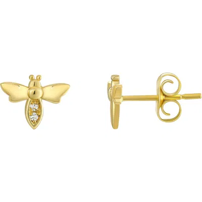 Candela Jewelry 14k Yellow Gold White Sapphire Bee Stud Earrings