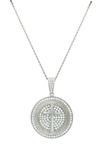 Candela Jewelry Cz Cross Disc Pendant Necklace In Silver