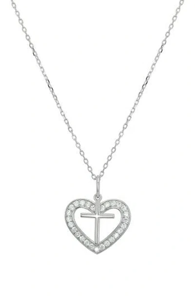 Candela Jewelry Cz Cross Heart Pendant Necklace In Silver