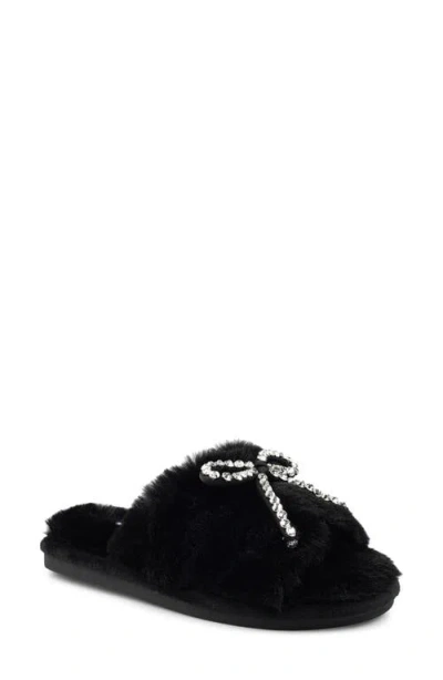 Candies Candie's Franney Bow Embellished Faux Fur Slipper In Black