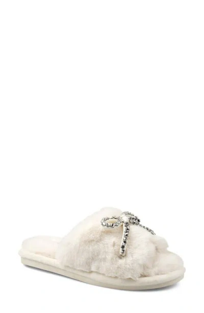 Candies Candie's Franney Bow Embellished Faux Fur Slipper In White
