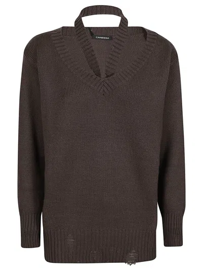 Canessa Sole V Neck Brown Cashmere Sweater