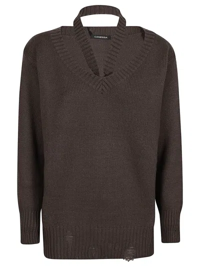 Canessa Sole V Neck Sweater In Brown