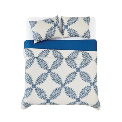 Cannon Cream/blue Microfiber 3 Piece Duvet Cover Set In Cream,blue